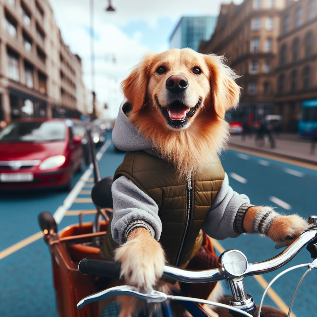 happy dog riding a cycle